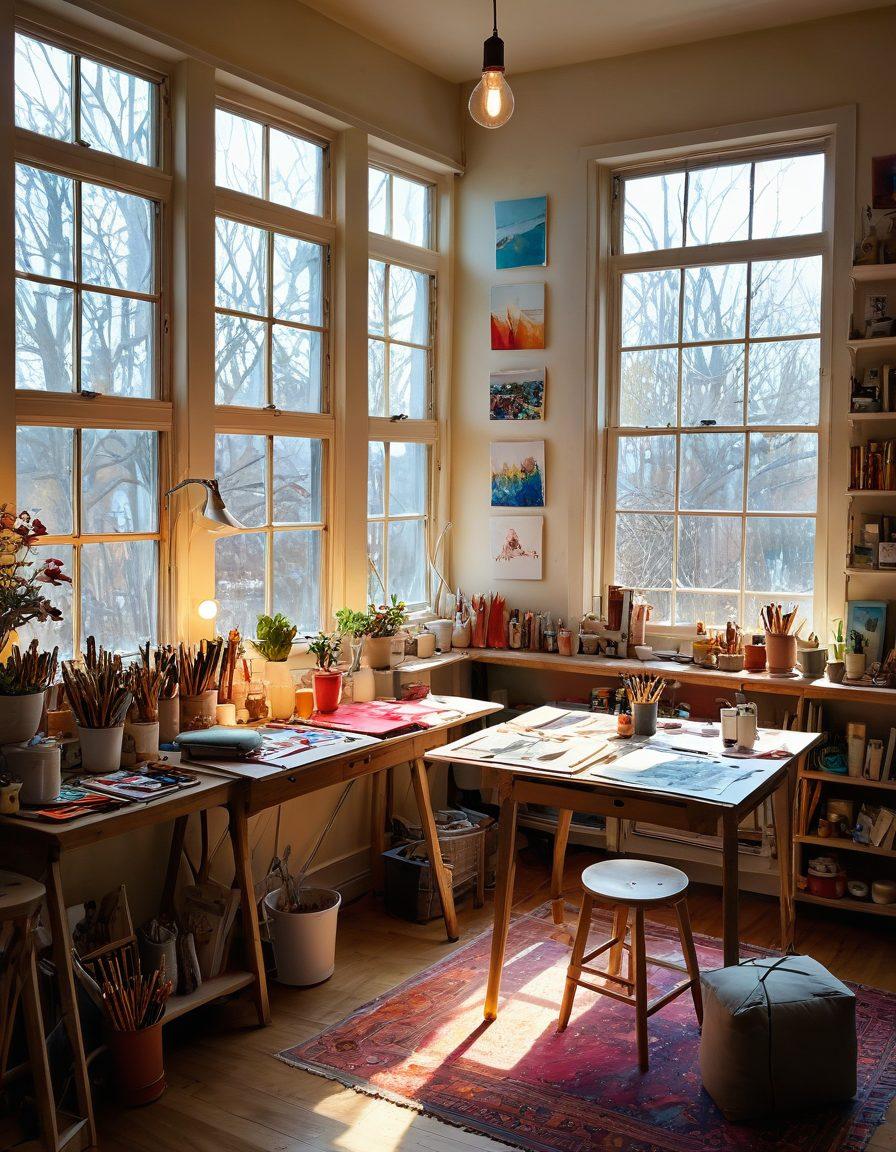 A cozy atelier filled with an array of artistic supplies, vibrant paint tubes, and colorful fabrics scattered around. A sunbeam pouring through a large window, illuminating a cheerful artist joyfully creating a masterpiece on a canvas. Include whimsical touches like floating paint splatters and sketches of joyful ideas hanging around. Emphasize a warm and inviting atmosphere that sparks creativity. colorful painting, soft lighting, inviting ambiance, cheerful vibe.
