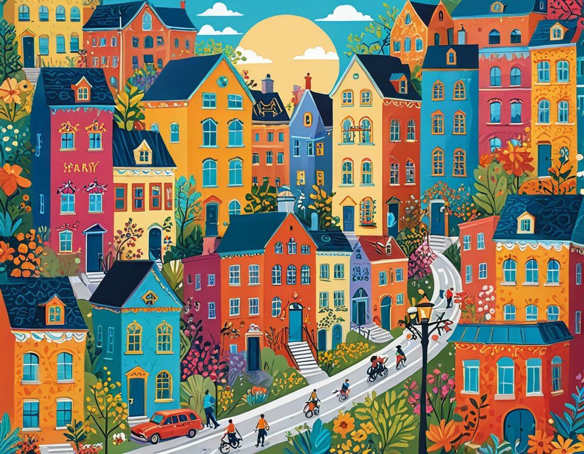 A vibrant, colorful illustration showcasing a whimsical cityscape filled with cheerful buildings, each uniquely designed with playful architecture and bright patterns. Include people happily interacting with nature, surrounded by flowers and art installations that symbolize creativity and harmony. The scene should convey a sense of joy and community, with light streaming in to enhance the atmosphere. digital artwork. vibrant colors. playful style.