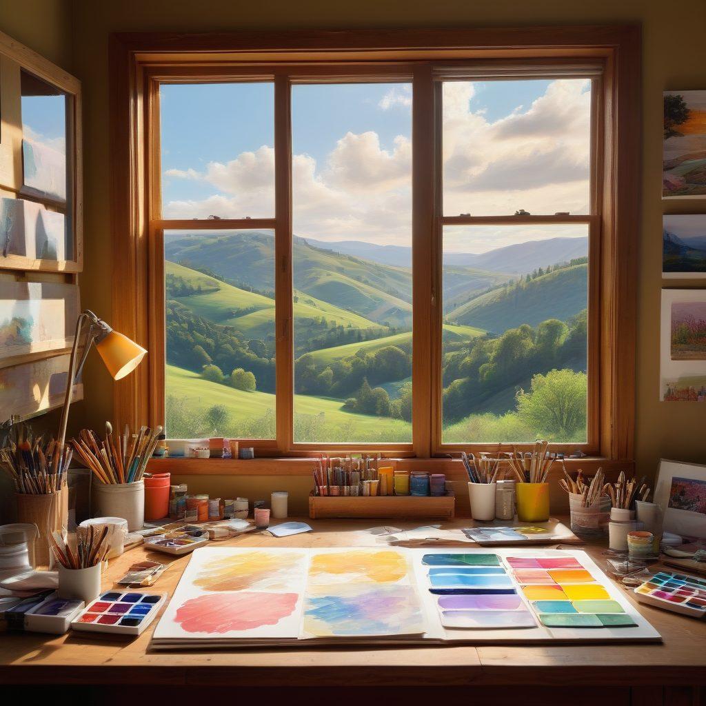 A vibrant workspace filled with colorful art supplies and a partially completed canvas showcasing a blissful landscape, such as rolling hills and a bright sun. Surrounding the workspace are sketches and inspirations pinned to the walls, symbolizing the journey from concept to final artwork. Soft, inviting light streams in through a window, adding warmth to the scene. super-realistic. vibrant colors.